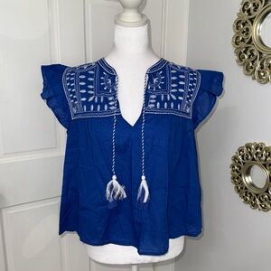 H&M Blue Embroidered Flutter Sleeve Blouse Tasseled Split Neck Bohemian Cotton M